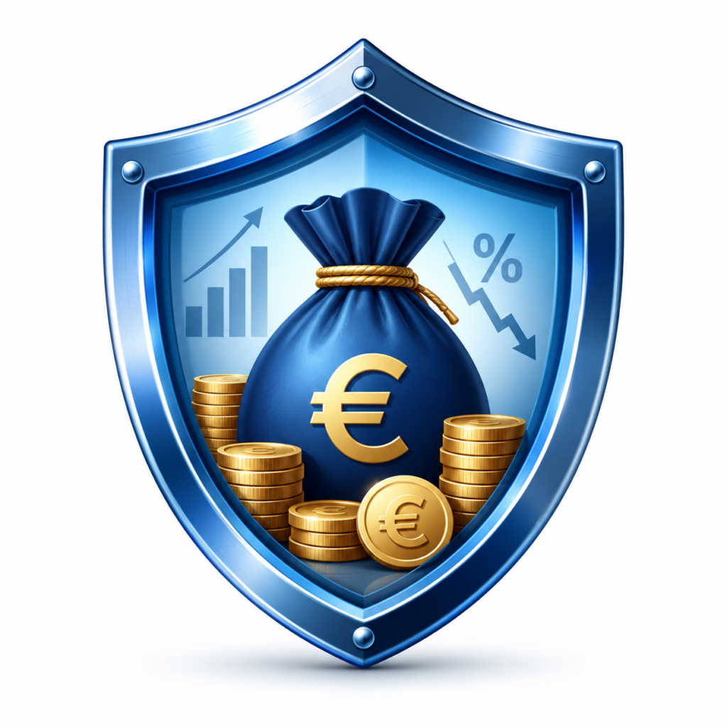 icono vectorial de un escudo azul metálico protegiendo una bolsa de dinero y monedas ,representando la seguridad financiera y la protección de los ahorros frente a la inflación